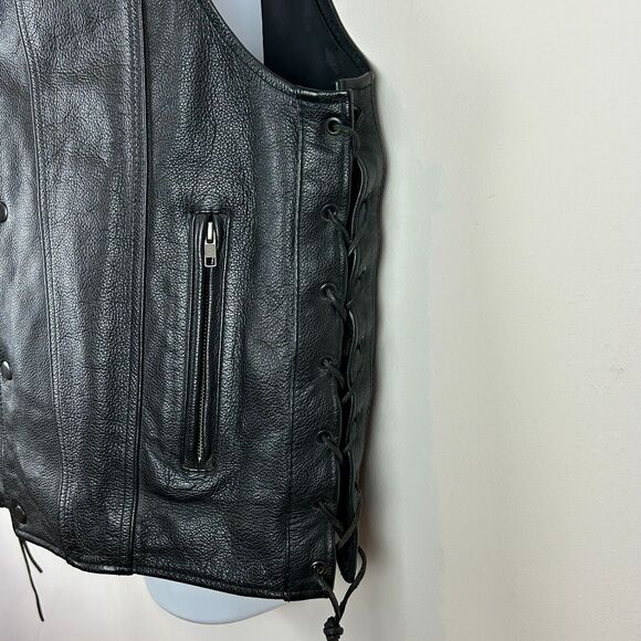 Mens First Classics Black Leather Snap Front Side Lace Motorcycle Vest Size XL - Picture 11 of 14